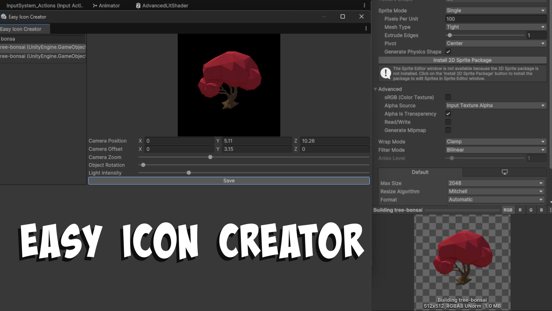 Easy Icon Creator demo video thumbnail showing the editor window rendering a low-poly tree prefab