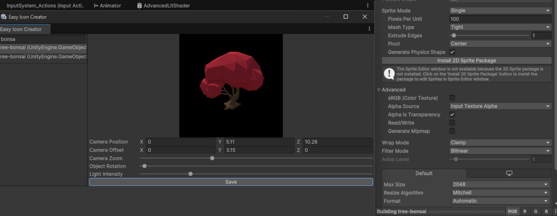 The Easy Icon Creator editor window with camera position, offset, zoom, object rotation and light intensity controls beside a live preview of a low-poly tree